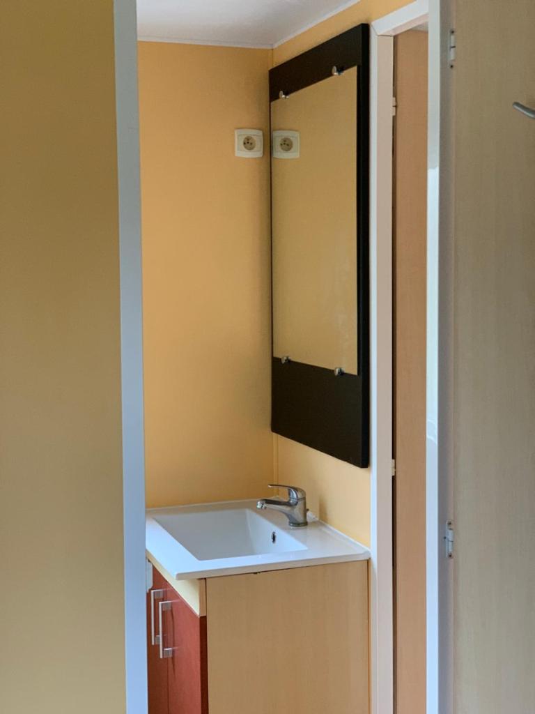une salle de bain avec un lavabo et un miroir dans l'établissement Les mobil homes d’oliver rob, à Saint-Chéron