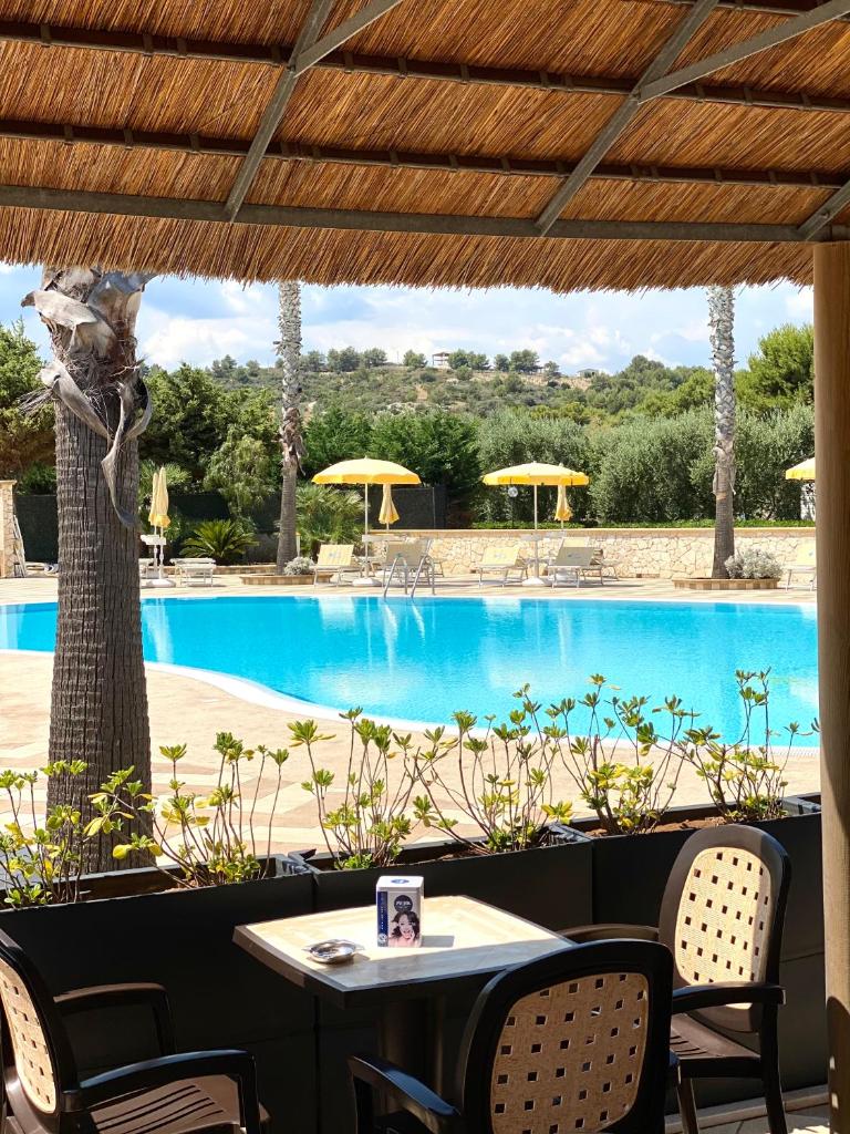 une table et des chaises devant une piscine dans l'établissement Residence Club Solemare, à Vieste