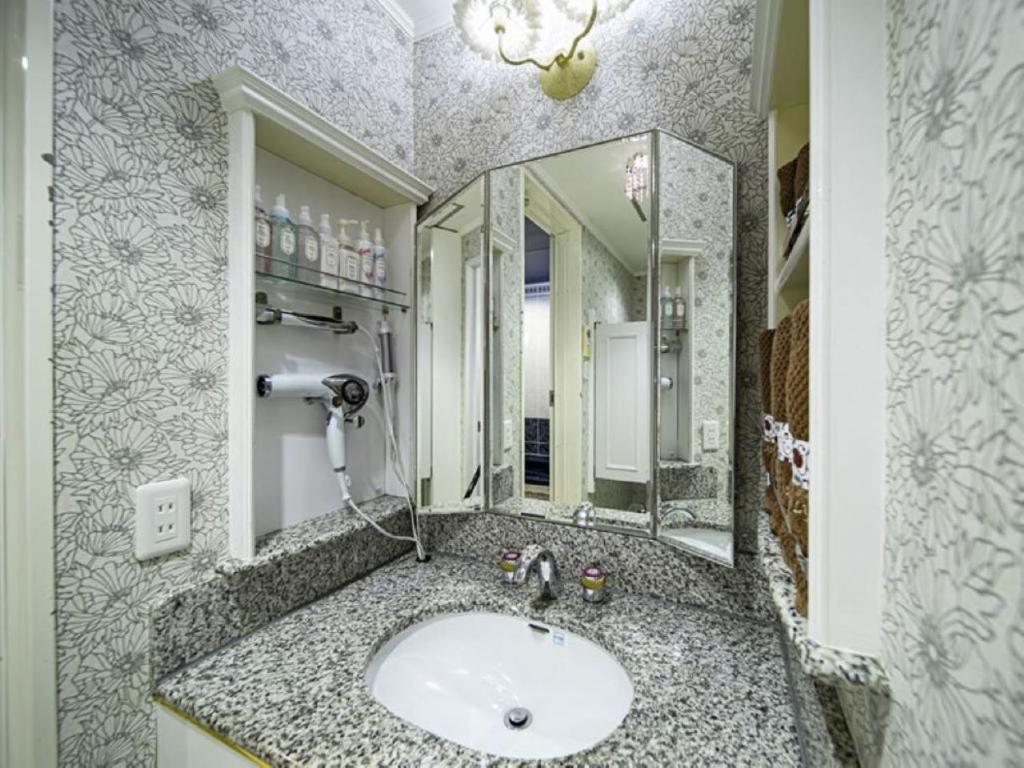 une salle de bain avec un lavabo et un miroir dans l'établissement Rose Lips Shinsaibashi ローズリップス心斎橋アダルトオンリー, à Osaka