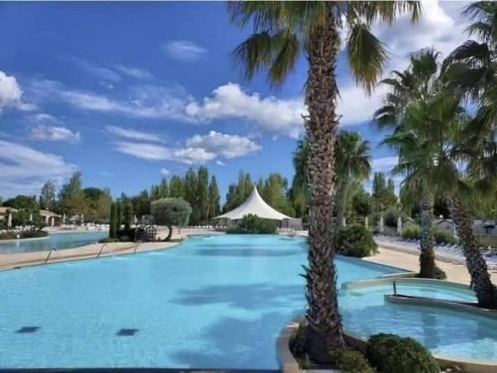 - une grande piscine avec des palmiers dans un complexe dans l'établissement Mobile home Bora bora, à Vias