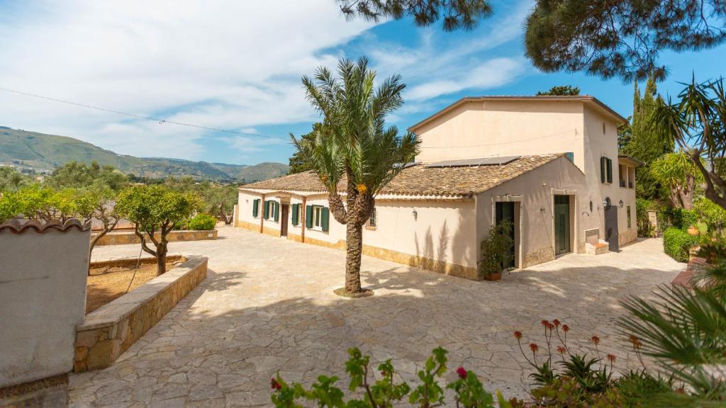 une maison avec un palmier en face d'une allée dans l'établissement Casale Buccellato 14 by Massimo Villas, à Castellammare del Golfo