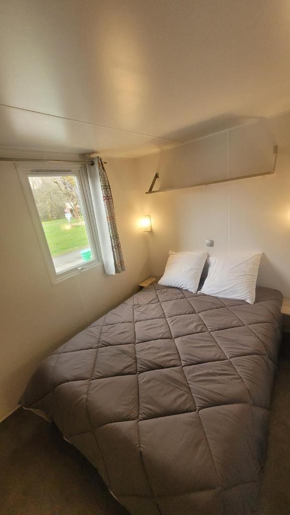 une chambre avec un grand lit avec une fenêtre dans l'établissement Les Berges Du Cele, à Bagnac