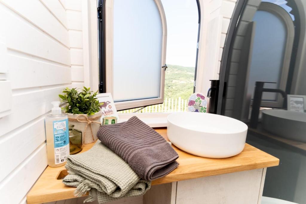 une salle de bain avec un lavabo et une vasque sur un comptoir dans l'établissement La Cachottiere, à La Bastide-Pradines 14 autres photos