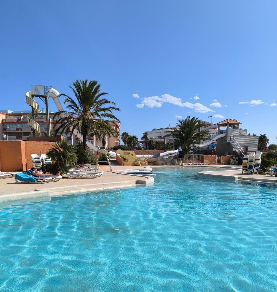 une piscine dans un complexe avec des palmiers et un toboggan dans l'établissement Mobil-Home 45 m2 camping le Mar Estang 4 étoiles, à Canet