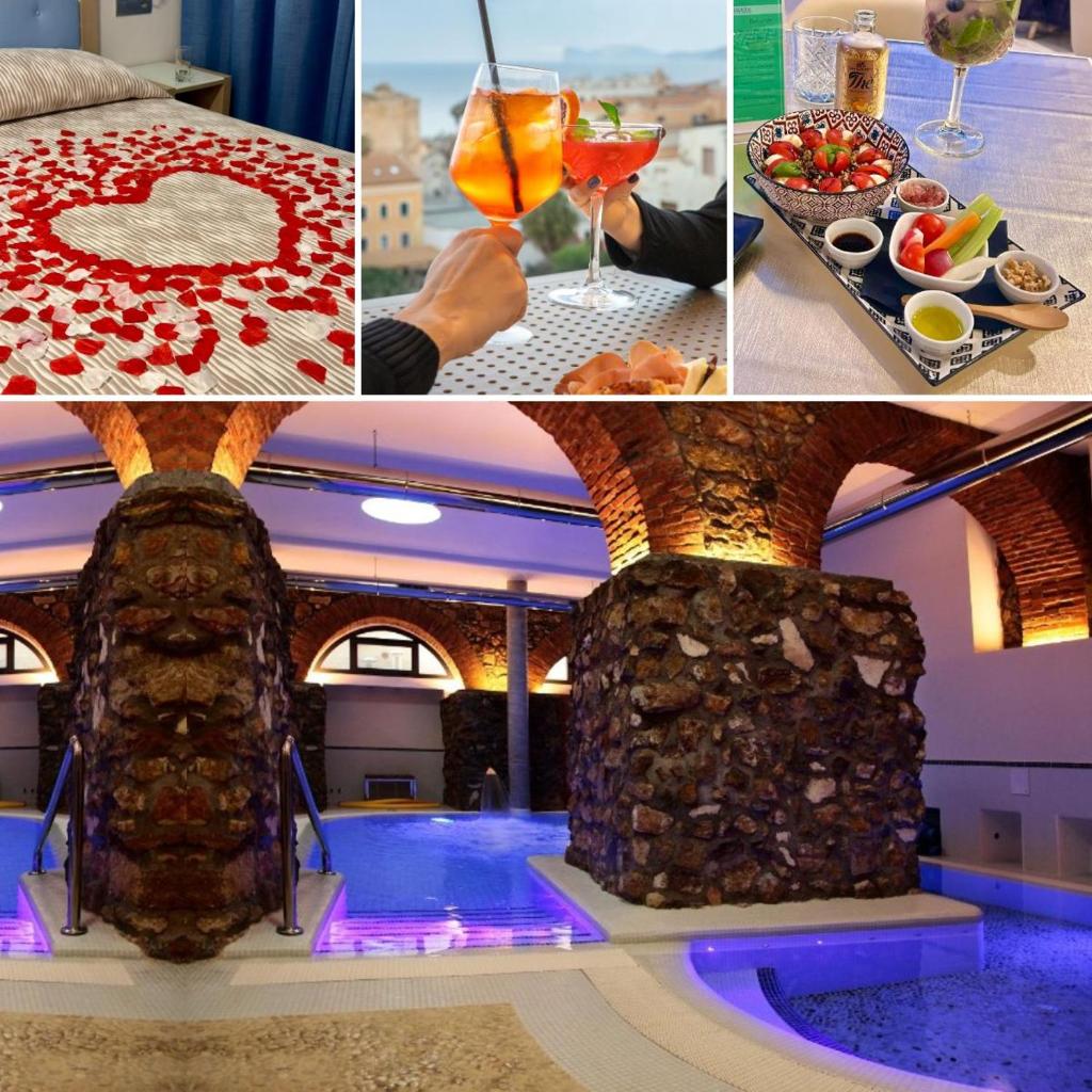 un collage de photos d'un hôtel avec une table et de la nourriture dans l'établissement Hotel La Margherita & SPA, à Alghero