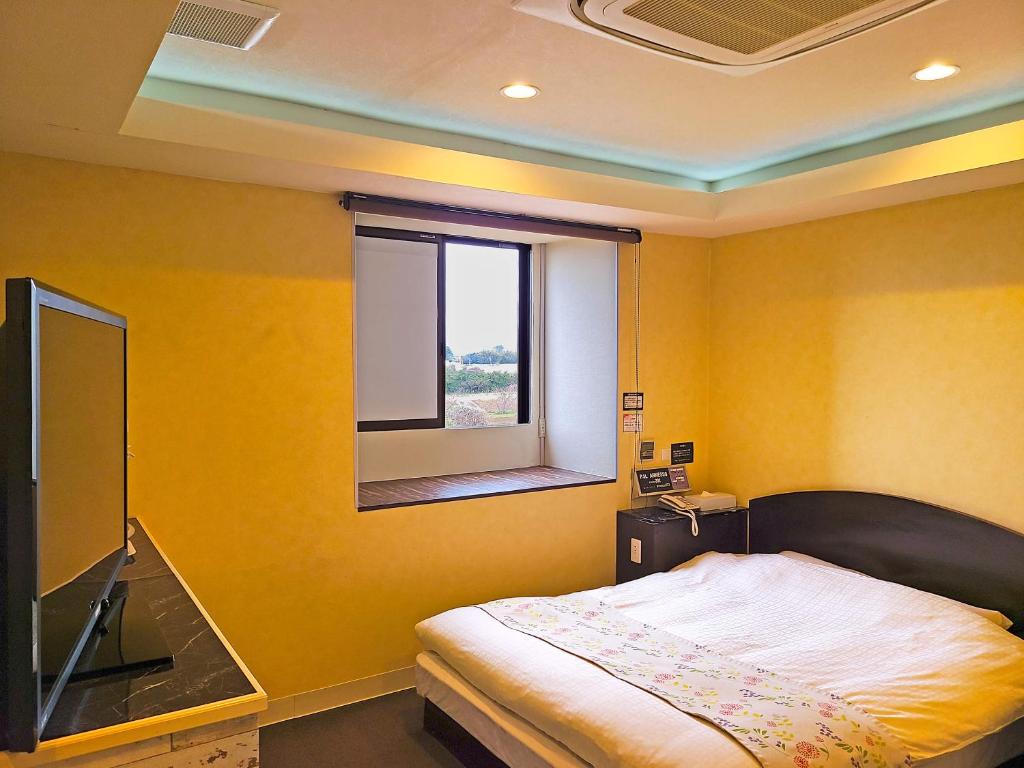une chambre avec un lit avec un miroir et une fenêtre dans l'établissement Hotel Pal Anesso Nakatsu (Love Hotel), à Nakatsu