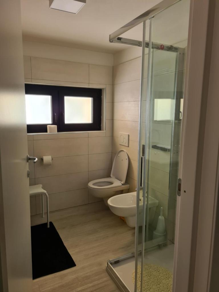 une salle de bain avec toilettes et douche en verre dans l'établissement Hotel Lido, à Vasto