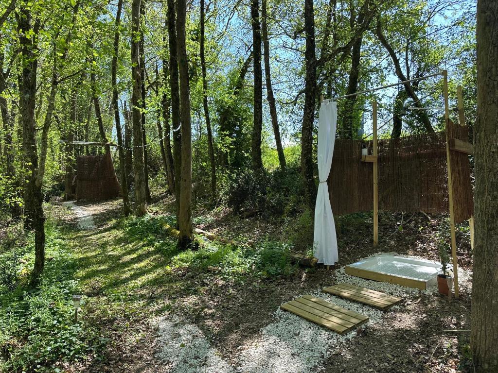 un parasol et un banc dans les bois dans l'établissement Wild Lodge, à Lasséran