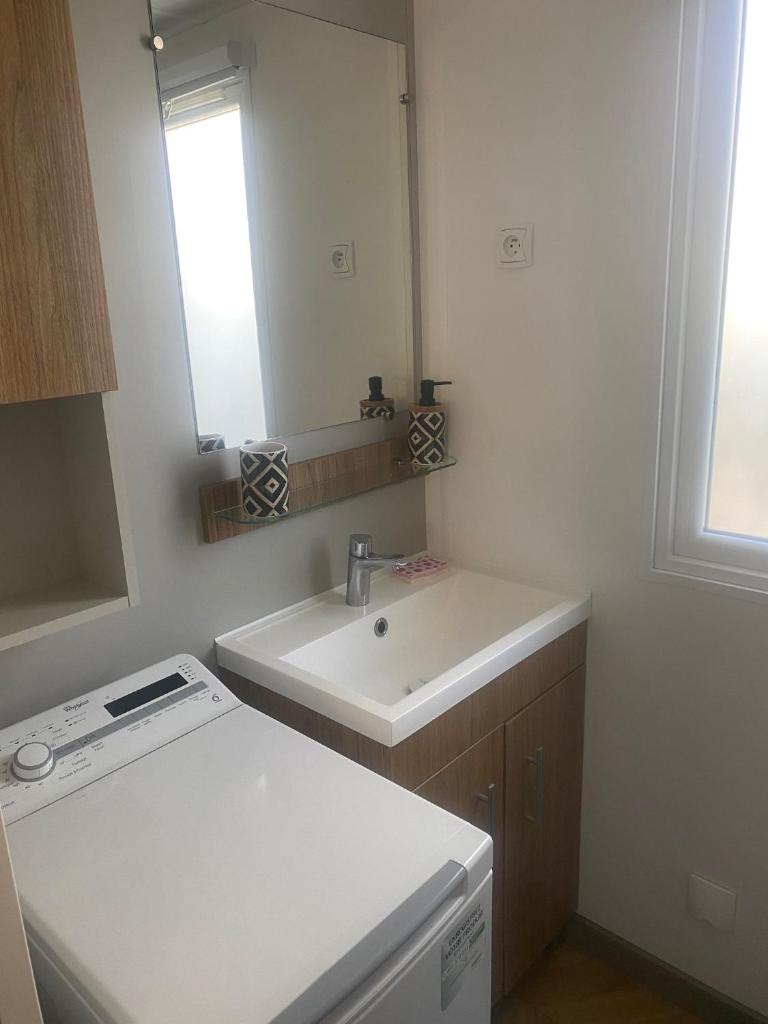 une salle de bain blanche avec un lavabo et un miroir dans l'établissement Mobil-home Neretva, à Nibelle