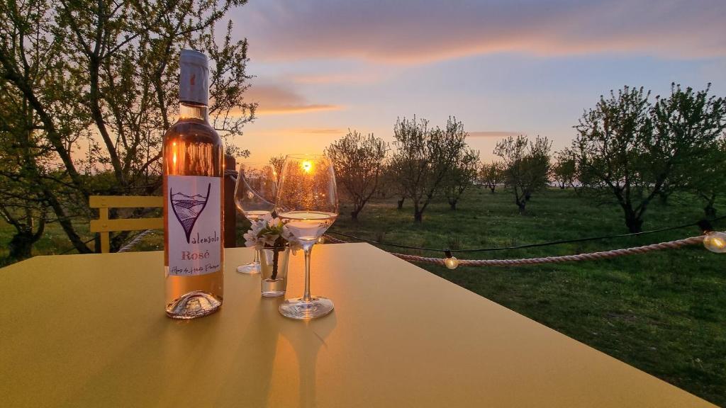 - une bouteille de vin assise sur une table avec un verre dans l'établissement La bulle ico, à Valensole