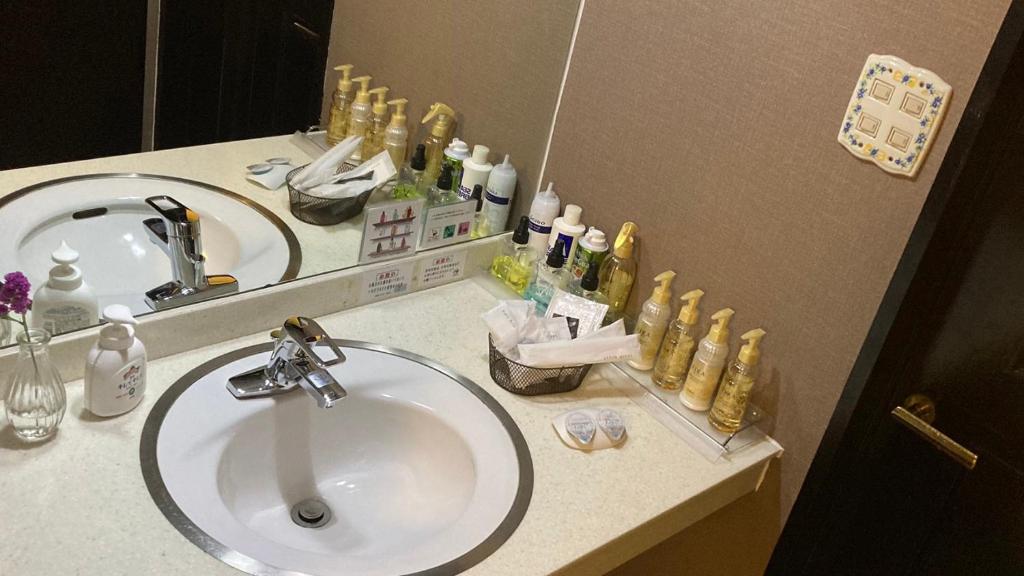 un comptoir de salle de bain avec un lavabo et un miroir dans l'établissement ホテルバレンタインb館 ビジネスステイ, à Tottori