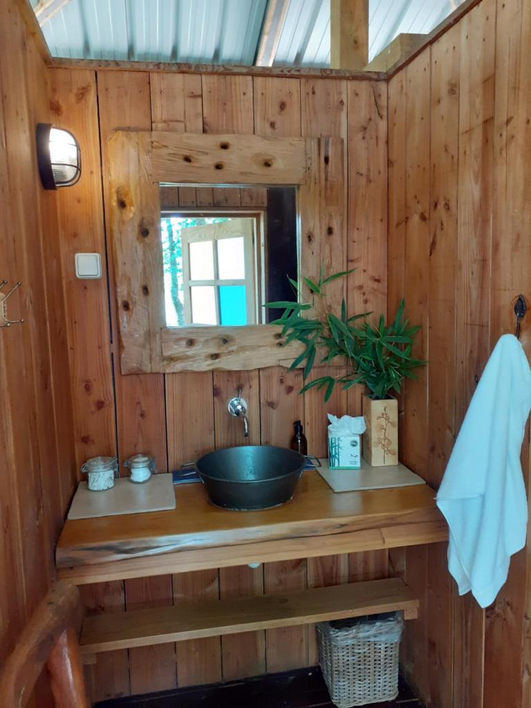 une salle de bain avec un lavabo et un miroir dans l'établissement Le Camp, à Varen