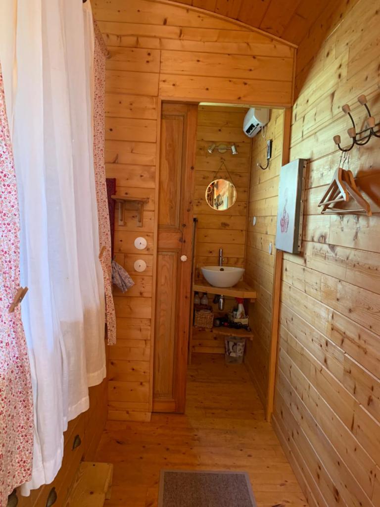 une salle de bain avec un lavabo dans une cabane en rondins dans l'établissement Roulotte et Nature, à Mirepoix