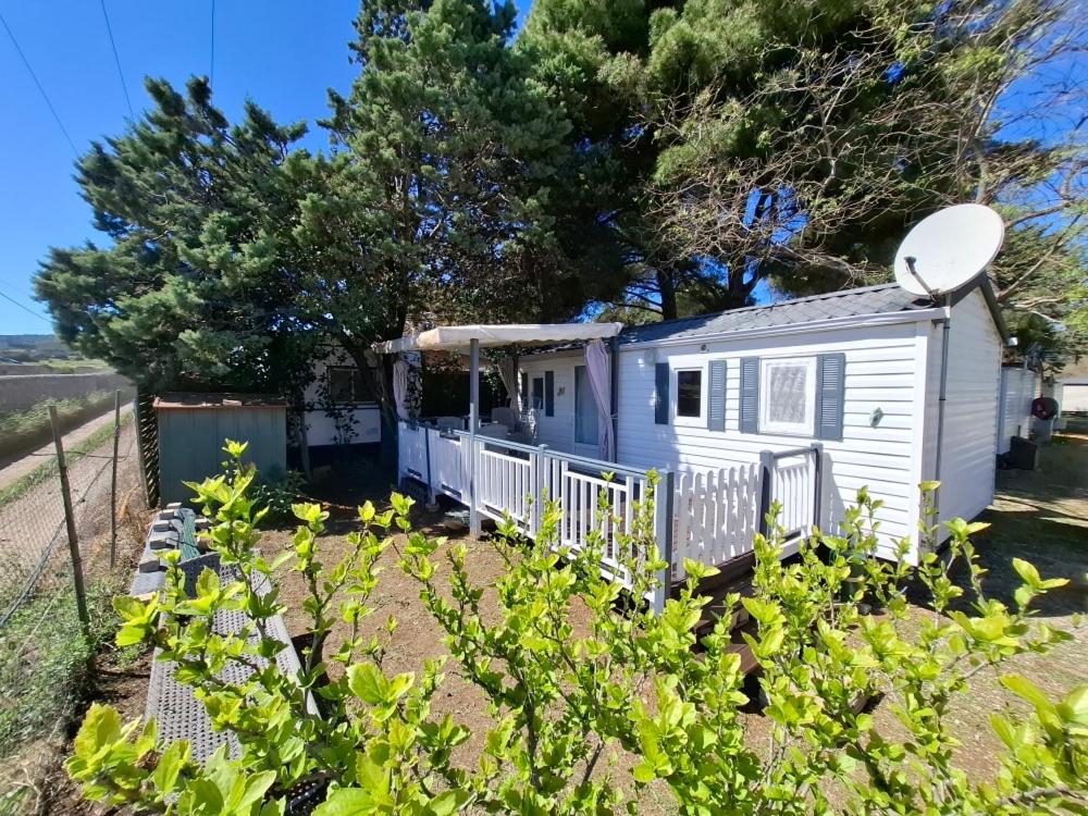 une petite maison blanche dans un jardin dans l'établissement Mobil Home Camping New Day, à Vic-la-Gardiole