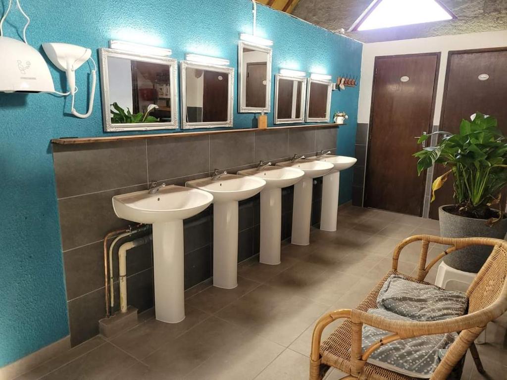 La salle de bains est pourvue d'une rangée de lavabos et de miroirs. dans l'établissement TIPIsche trekkershut - Camping Le Soustran, à Neuvic