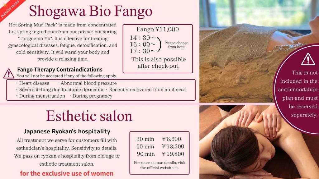 un dépliant pour un cours de massage au shawarma big tango dans l'établissement Sanrakuen, à Tonami