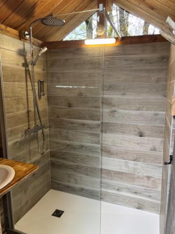 une douche avec une porte vitrée dans une salle de bain dans l'établissement Wigwam et Dôdome sous les étoiles, à Champfromier