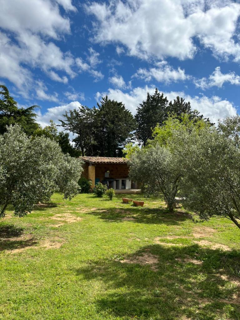 un champ avec des arbres et une maison en arrière-plan dans l'établissement Le Sicilien Dome et Spa privatif, à Saint-André-de-Roquelongue