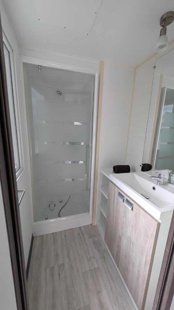 une salle de bain blanche avec une douche et un lavabo dans l'établissement Mobilhome cosy Aulywan, à La Boissière-de-Montaigu