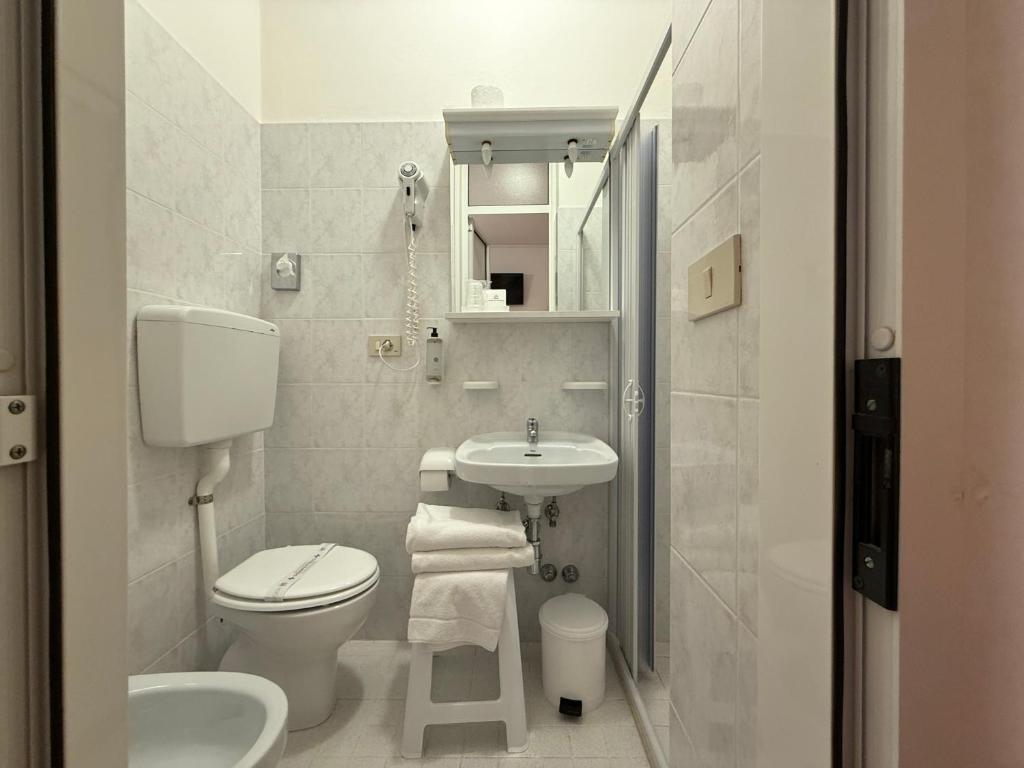 une petite salle de bain avec toilettes et lavabo dans l'établissement Hotel Palme Park & Beach included, à Lido di Jesolo