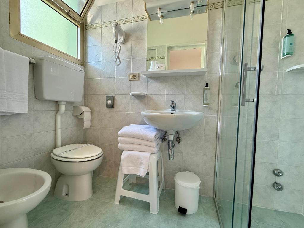 une salle de bain avec toilettes, lavabo et douche dans l'établissement Hotel Palme Park & Beach included, à Lido di Jesolo 47 autres photos