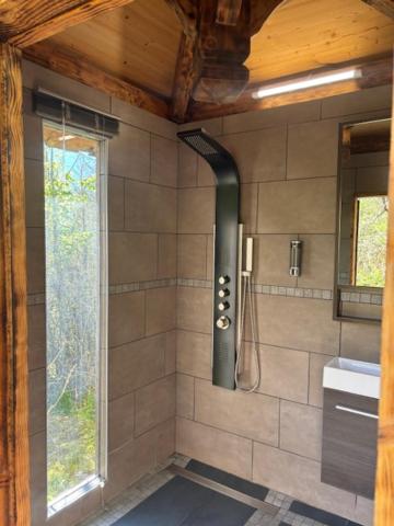 une salle de bain avec une douche avec un lavabo et une fenêtre dans l'établissement Bulle transparente, à Champfromier