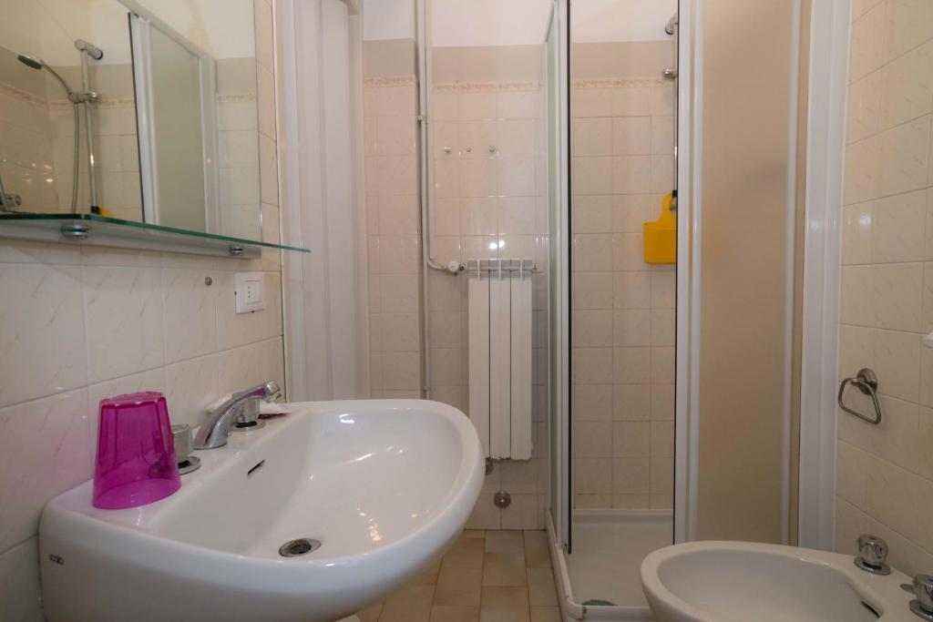 une salle de bain avec un lavabo et une douche dans l'établissement Hotel Magnolia, à Albenga