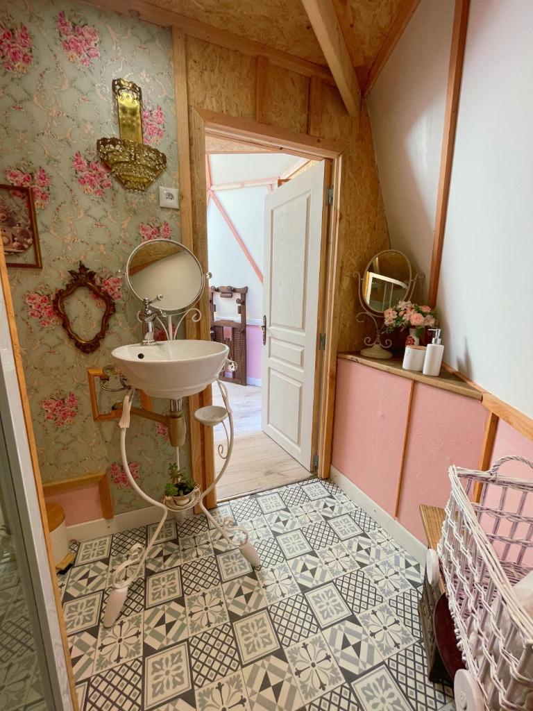 une salle de bain avec un lavabo et un miroir dans l'établissement L'étoile de Baynes, à Cerisy-la-Forêt