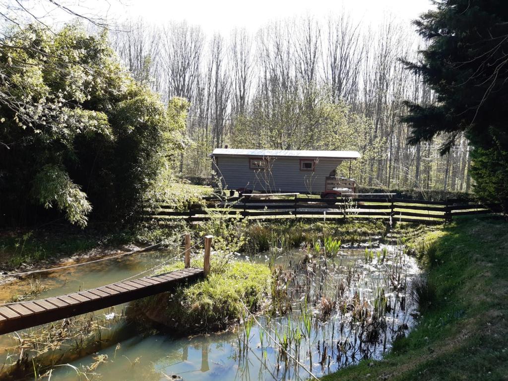 un camping-car dans les bois à côté d'un étang dans l'établissement Belle Roulotte unique en pleine campagne Au Jardin de la Vouivre, à Saint-Vincent-en-Bresse