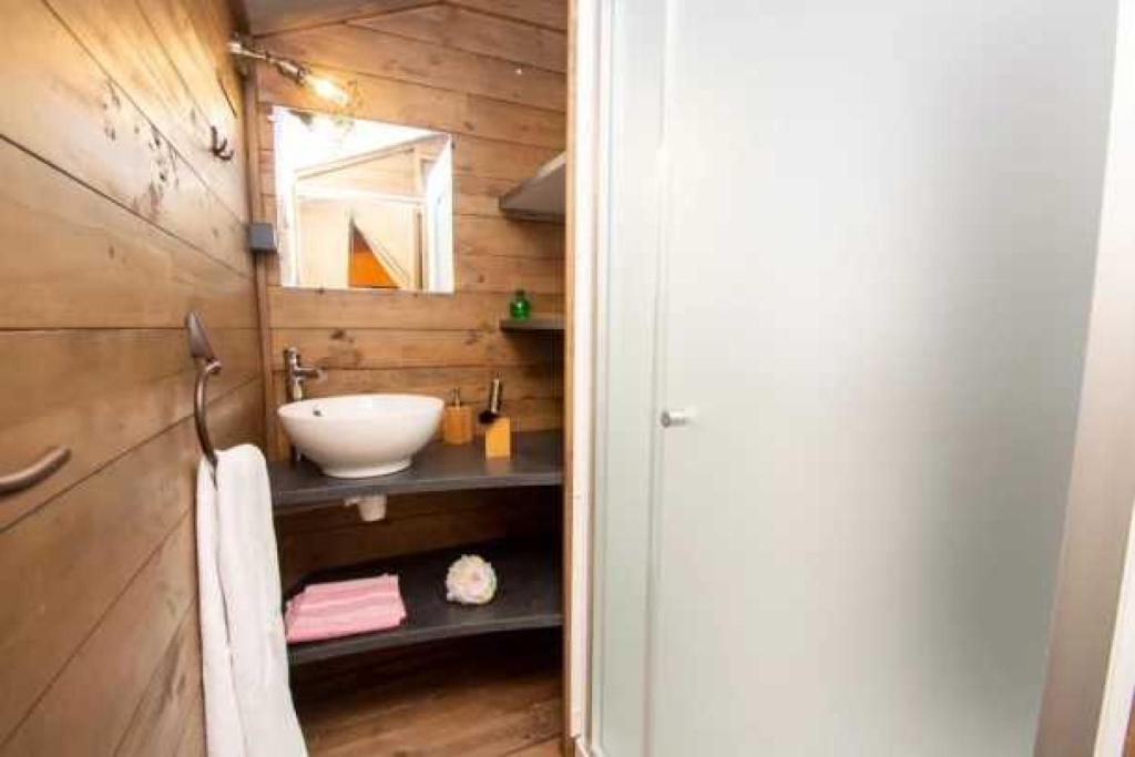 La salle de bains est pourvue d'un lavabo et d'un comptoir avec un miroir. dans l'établissement Camping 3 étoiles - Piscine - eeebcb, à Roquebrune-sur Argens 37 autres photos