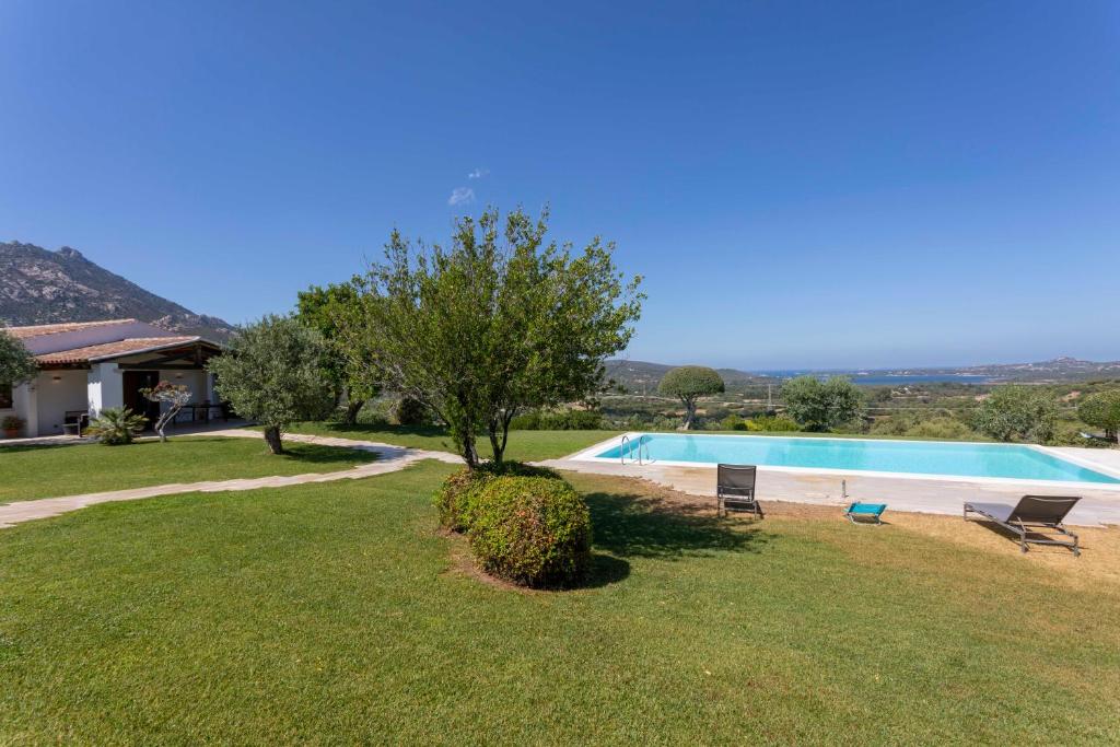 une piscine dans une cour avec deux chaises et un arbre dans l'établissement VILLA ALBA Esclusiva Villa con Piscina a Sfioro e Vista Mozzafiato sul Mare, à Cugnana