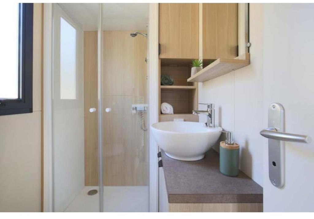 une salle de bain avec un lavabo et une douche en verre dans l'établissement Mobile-home magnifique vue mer camping 4 etoiles, à Saint-Raphaël
