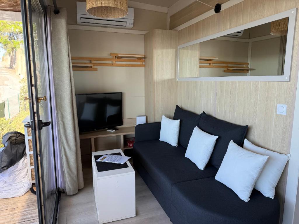 un salon avec un canapé et une télévision dans l'établissement Mobile-home magnifique vue mer camping 4 etoiles, à Saint-Raphaël