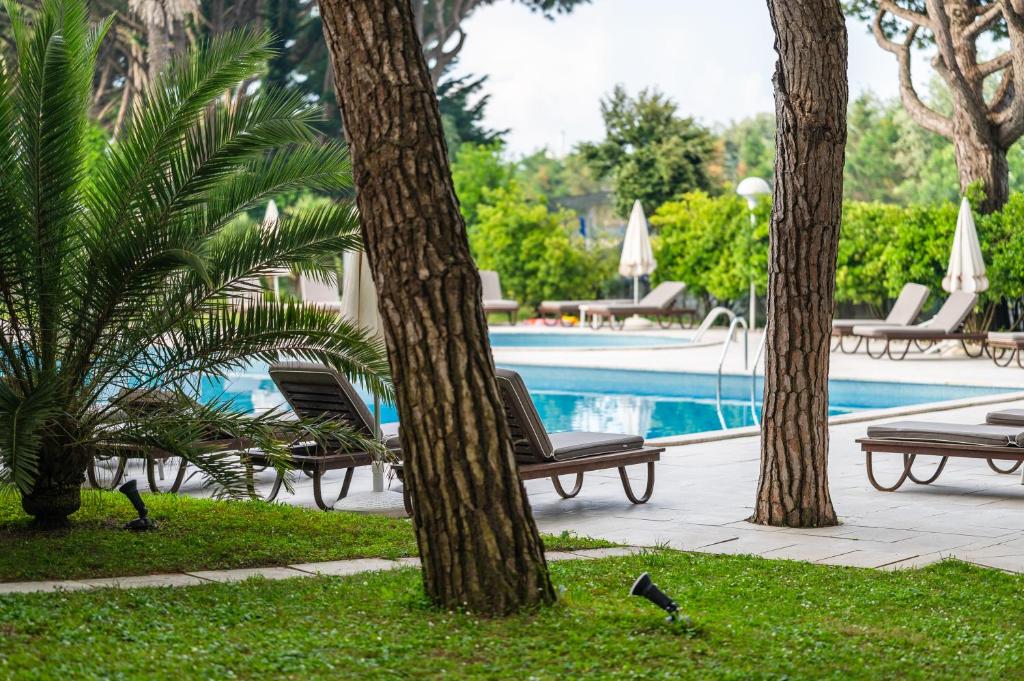 une piscine avec des chaises et des arbres à côté d'un complexe hôtelier dans l'établissement Park Hotel Maracaibo, à Lido di Jesolo