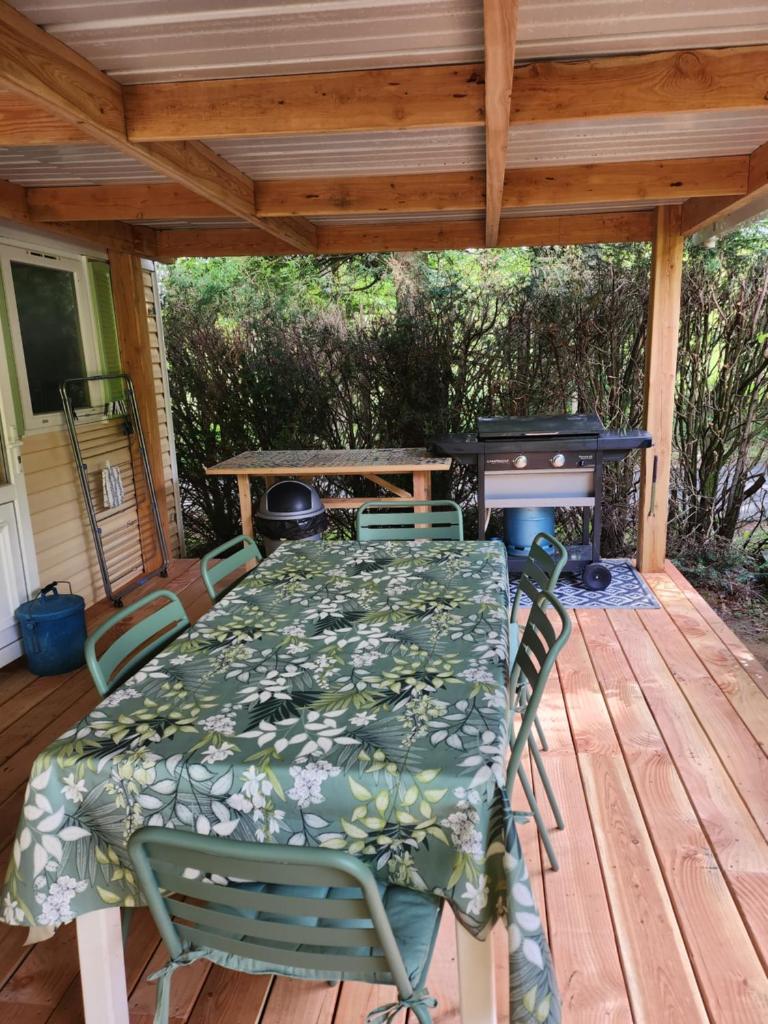 une table et des chaises sur une terrasse avec un grill dans l'établissement Mobilhome les pieds dans l eau avec piscine, à Saint-Gérons