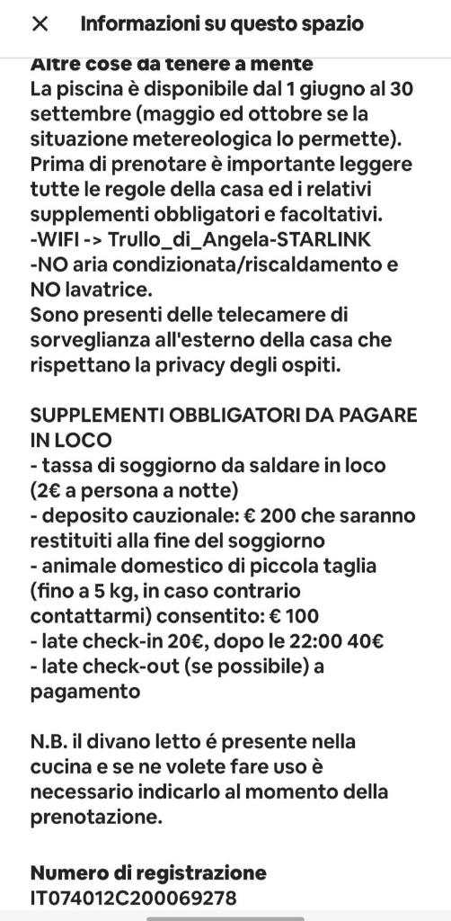 une capture d’écran d’une liste de commandes dans un document dans l'établissement Trullo di Angela - Ostuni with private pool, à Ostuni