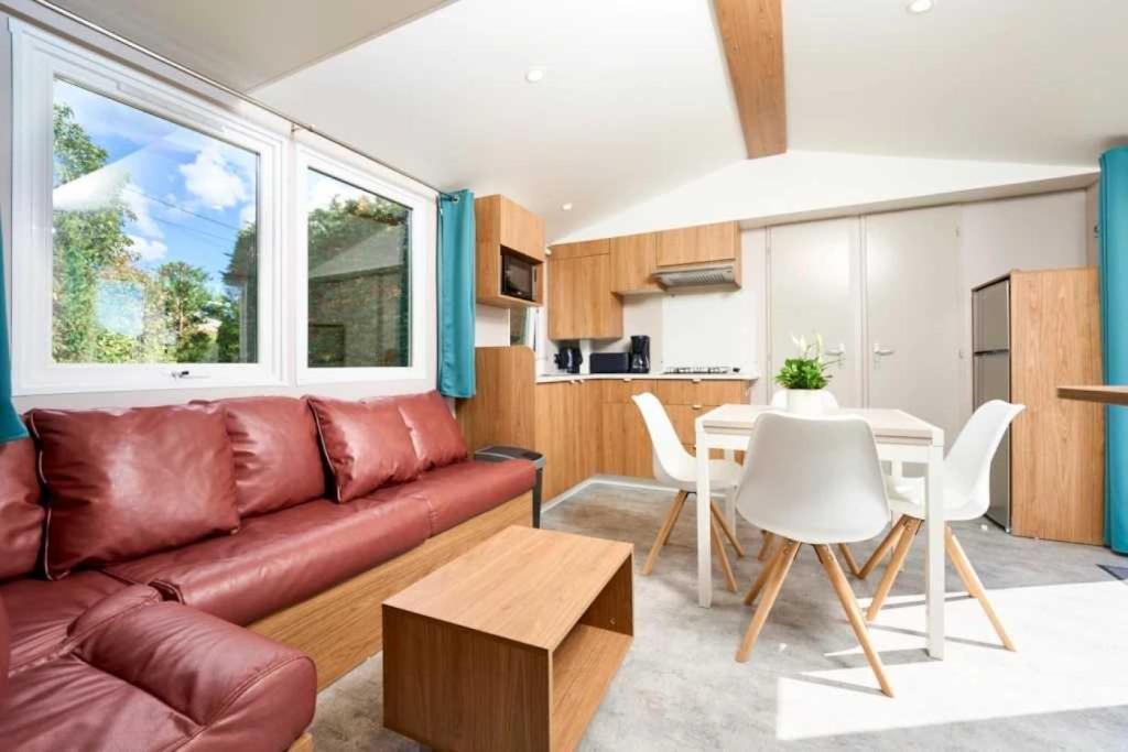 un salon avec un canapé en cuir marron et une table dans l'établissement Camping 3 étoiles - Piscine - efaeh0, à Malemort-du-Comtat
