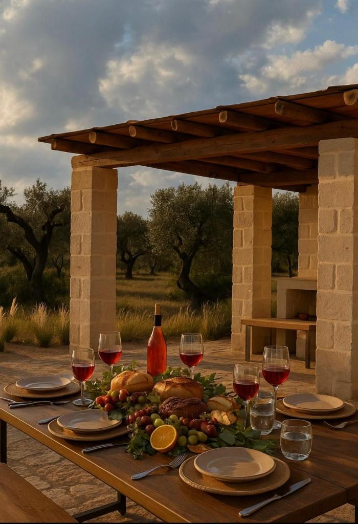 - une table en bois avec des verres à vin et de la nourriture dans l'établissement Villa Charme, à Ostuni