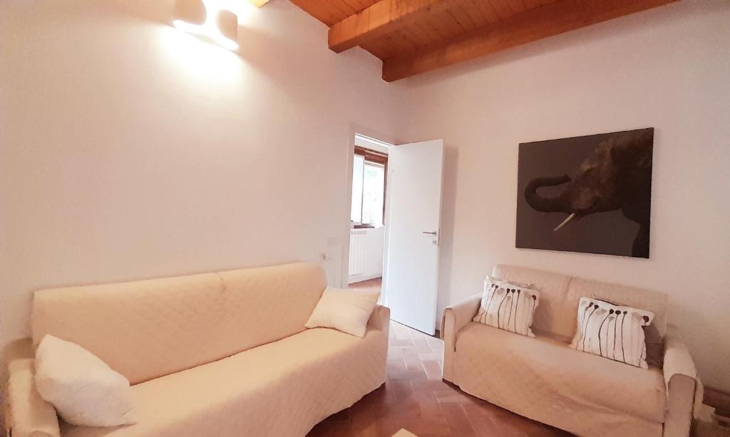 un salon avec un canapé et un tableau de cheval sur le mur dans l'établissement Holiday Home Villa Salici, pool & garden, à Colico