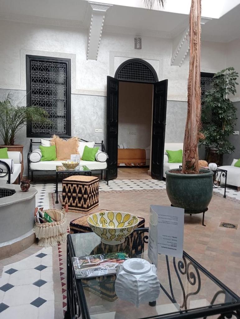 - un salon avec des canapés et un palmier dans l'établissement Le riad de l'étoile ocre - COTG, à Marrakech