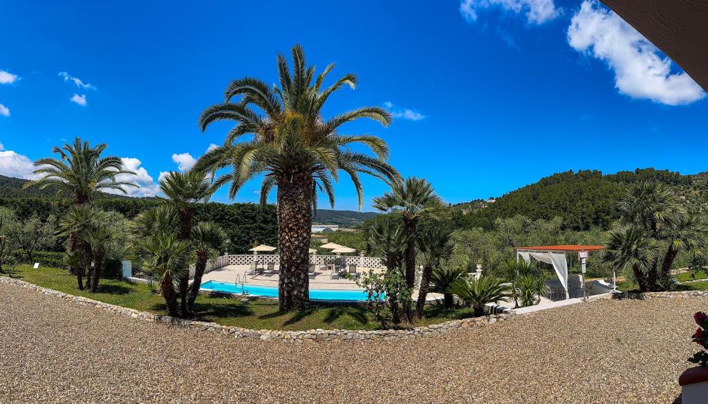 un complexe avec un palmier et une piscine dans l'établissement Villa Poggio di Luna con piscina privata, à Peschici