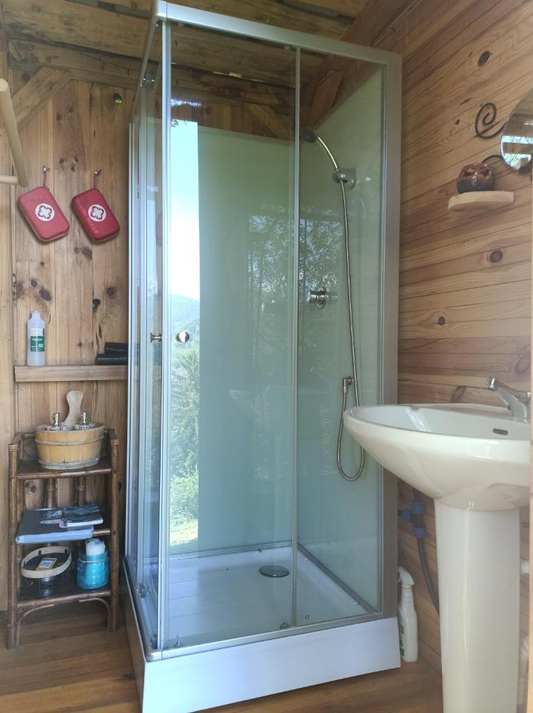une salle de bain avec une douche en verre et un lavabo dans l'établissement D'tente sky lodge, à Massat
