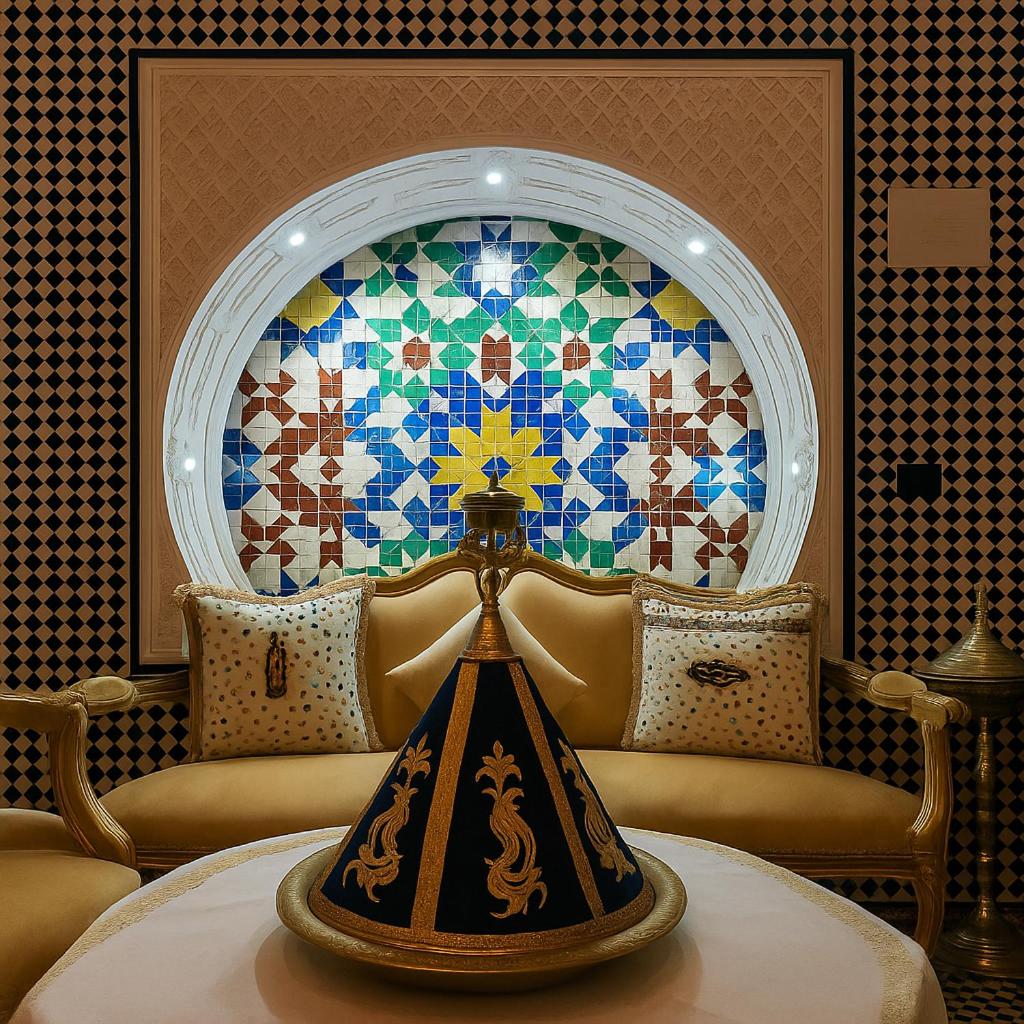 Cette chambre est dotée d'une table et d'un mur en mosaïque. dans l'établissement Riad Lalla Marrakech, à Marrakech