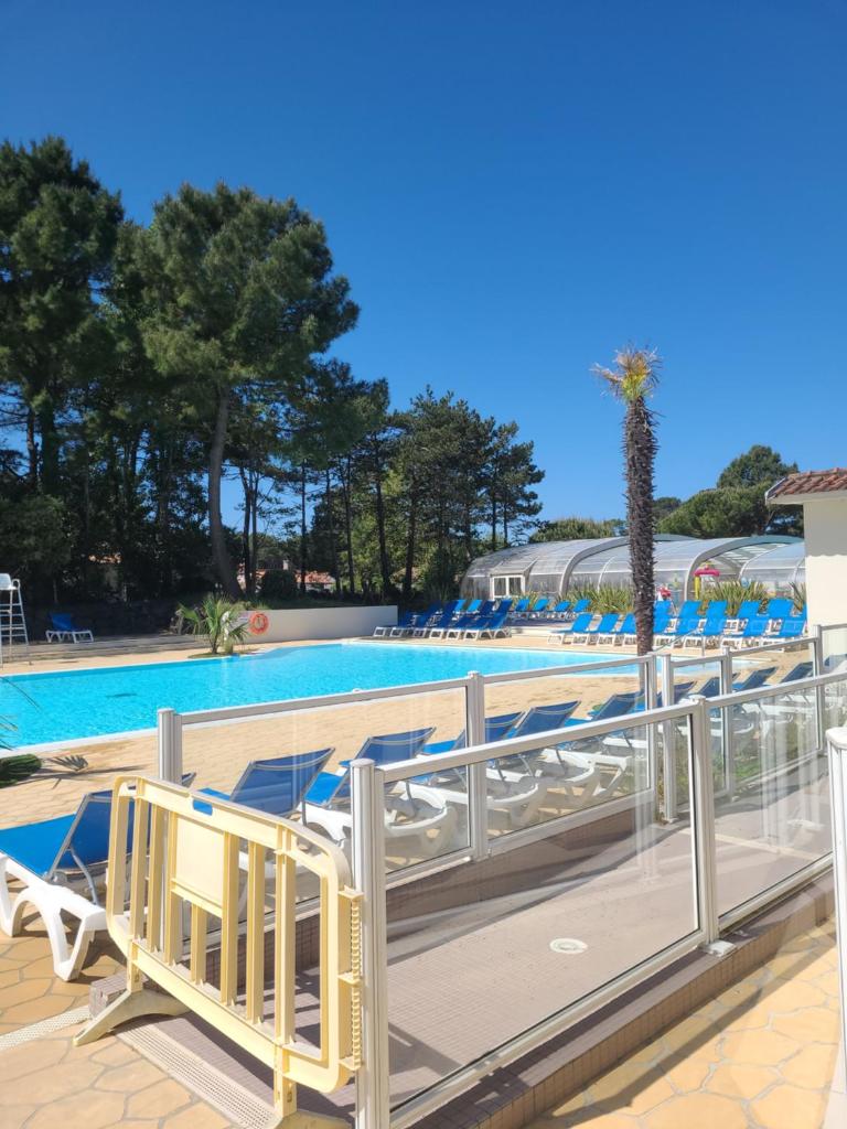 - une piscine avec des chaises longues et un palmier dans l'établissement MH 3 chambres au coeur du camping Bois Dormant 90, à Saint-Jean-de-Monts