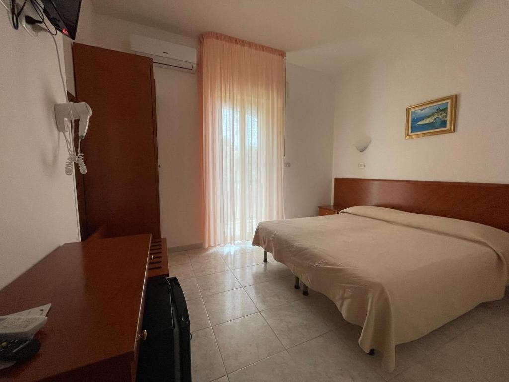 une chambre avec un lit, un bureau et une fenêtre dans l'établissement Hotel Ponte, à Vieste
