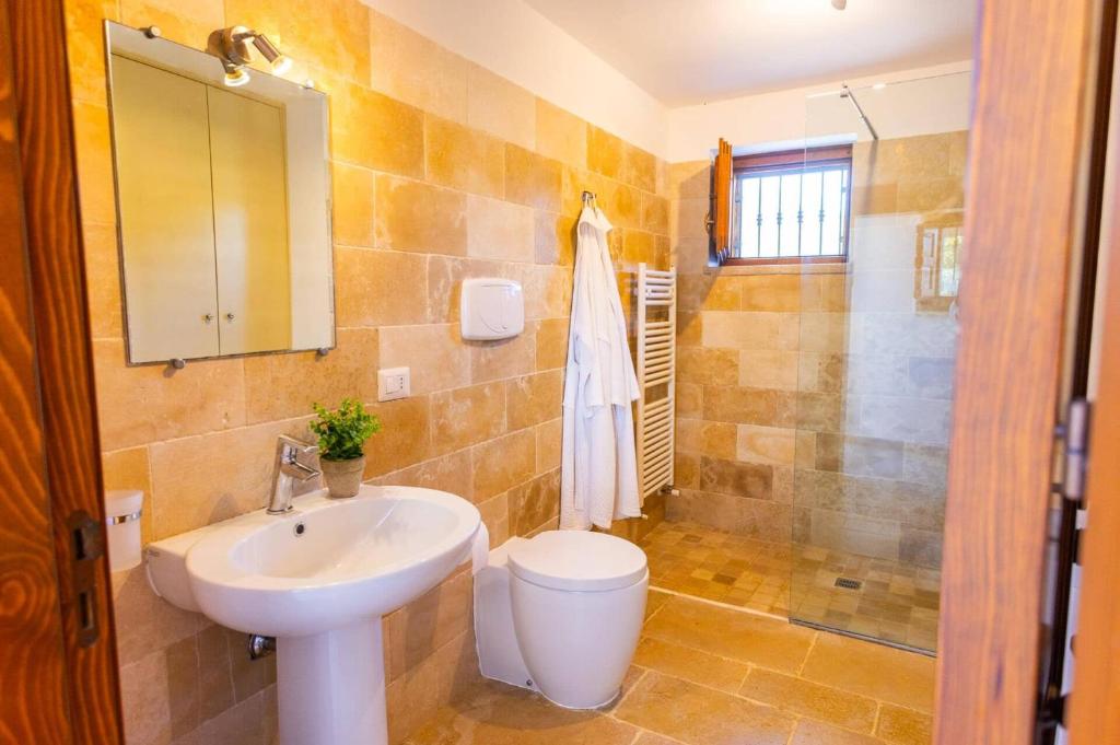 une salle de bain avec un lavabo, des toilettes et un miroir dans l'établissement Villa Trullo Selva Piccolo by Villa Plus, à Martina Franca
