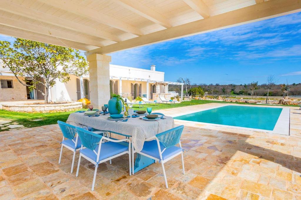 un patio avec une table et des chaises et une piscine dans l'établissement Villa Angelita by Villa Plus, à Ceglie Messapica