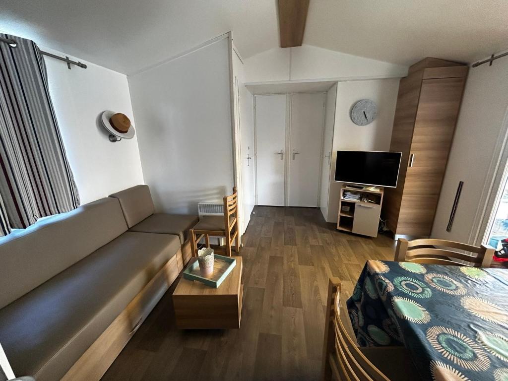 un salon avec un canapé et une télévision dans l'établissement Détente en 5 étoiles jusque 6 personnes, selon la dispo, à Saint-Jean-de-Monts