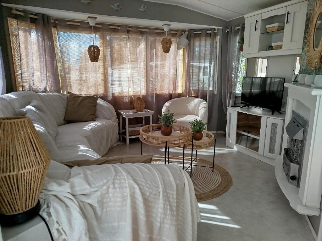 un salon avec un canapé blanc et une télévision dans l'établissement Mobile home a louer, à La Londe-les-Maures