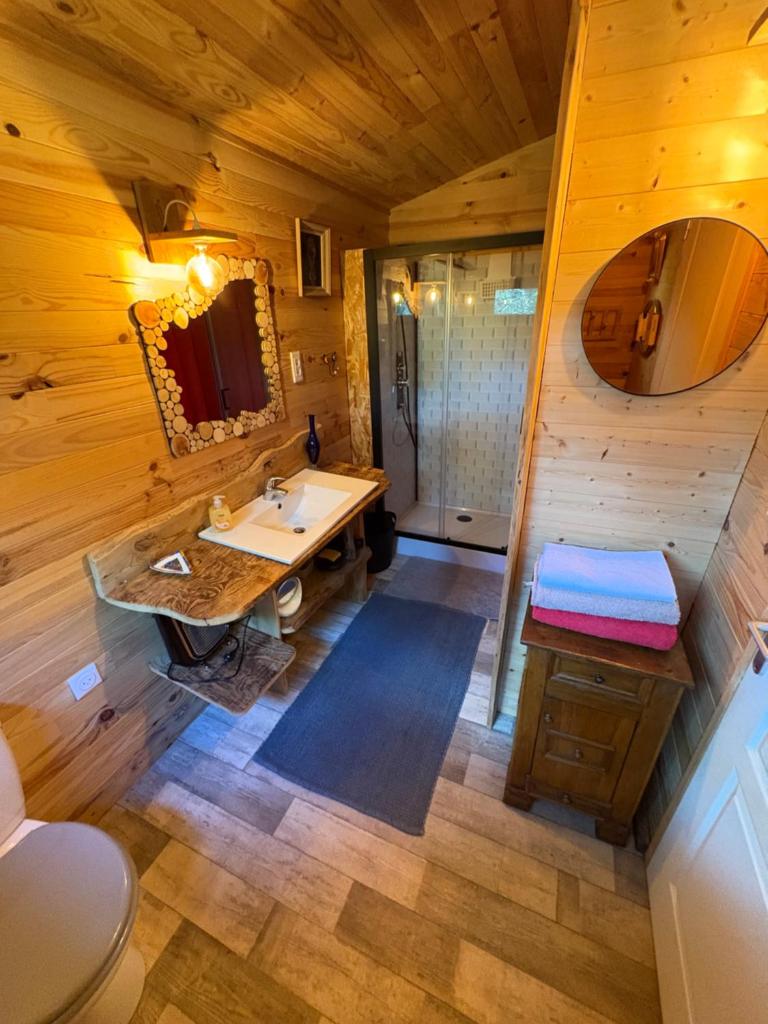 - une salle de bains pourvue d'un lavabo et de toilettes dans une cabine dans l'établissement Chalet Cricri Domaine de la Mamounette, à Champclause